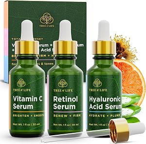 Tree of Life Face Serum Set - Vitamin C, Retinol & Hyaluronic Acid for Brightening, Fi